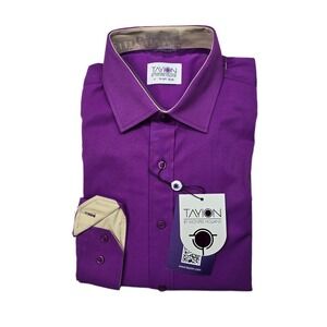 Tayion‎ Slim-Fit Gold Trim Dress Shirt Mens Medium 15-15.5 32/33 Purple $60
